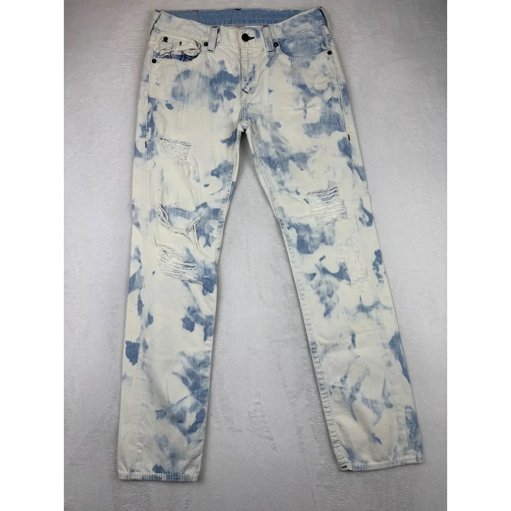 True Religion Mens 34x34 Jeans Skinny Distressed Cloudy Sky Blue Acid Wash Denim